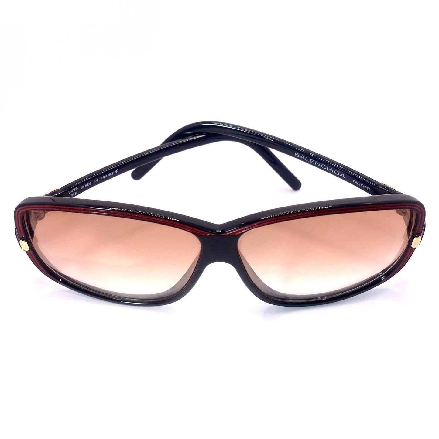 Balenciaga 2026 NR oversized black sunglasses with red carved stripes and golden logo, 80s Made in France