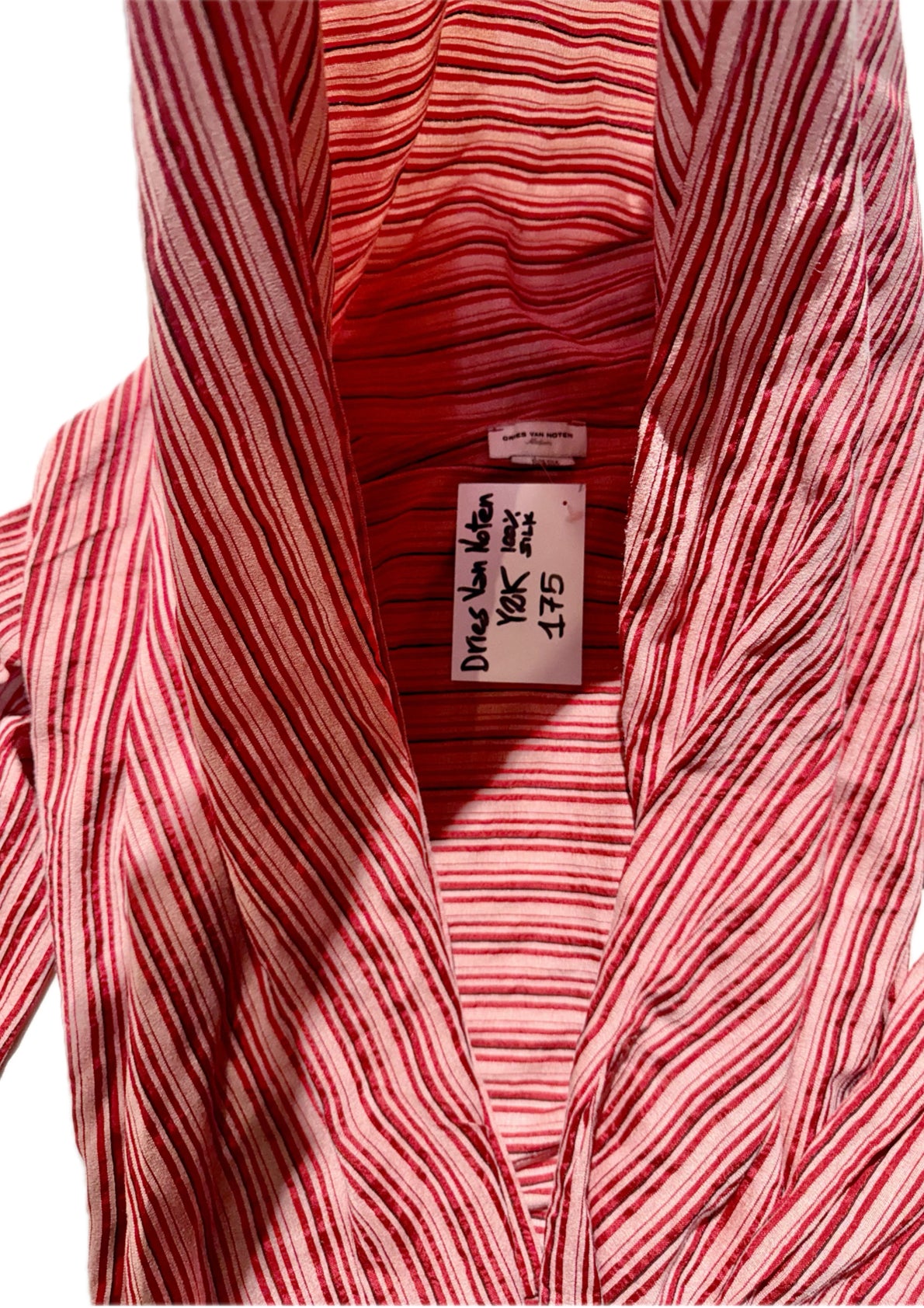 Dries Van Noten striped red-cream silk jacquard ladies blouse-top w hood-wide collar, sz M, perfect