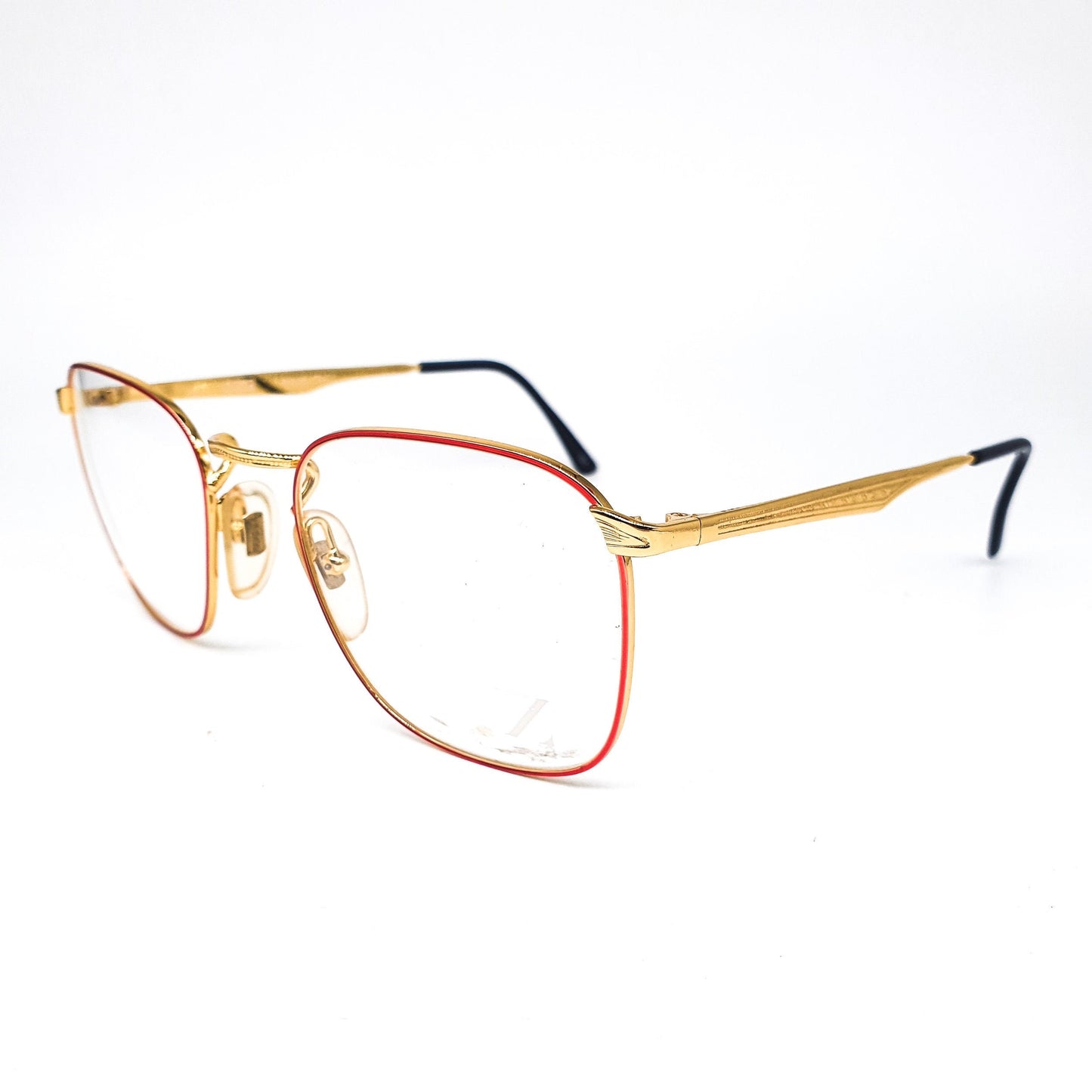 Lozza River square metallic eyeglasses frames with slim red rim and golden temples and nose bridge, 1970's  NOS Italy
