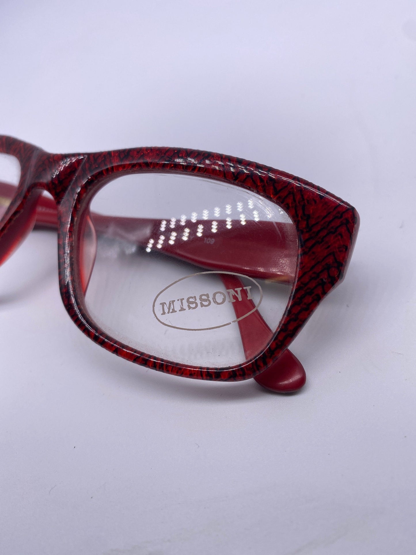 Missoni M107 iconic red chevron fabric inlaid square unisex frames, red base w black stripes, NOS 80s