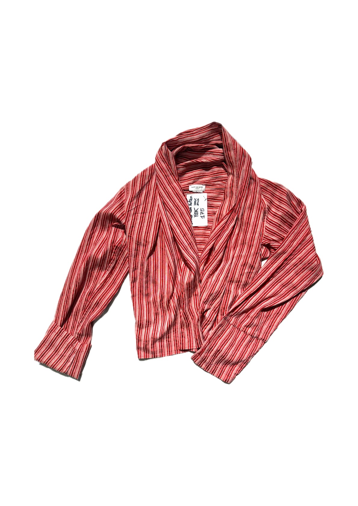Dries Van Noten striped red-cream silk jacquard ladies blouse-top w hood-wide collar, sz M, perfect