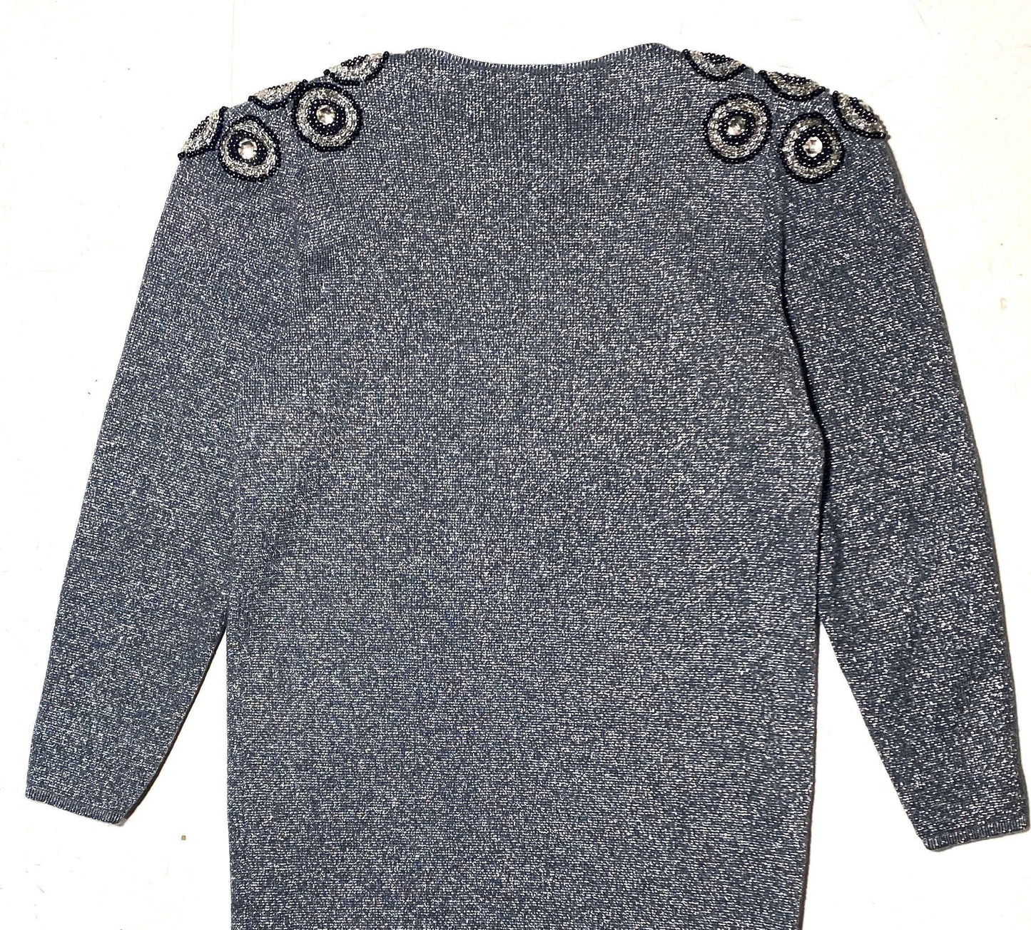 Nicolet Knitwear silver sweater dress with preciously hand embroidered shoulders, mint 80s Italy