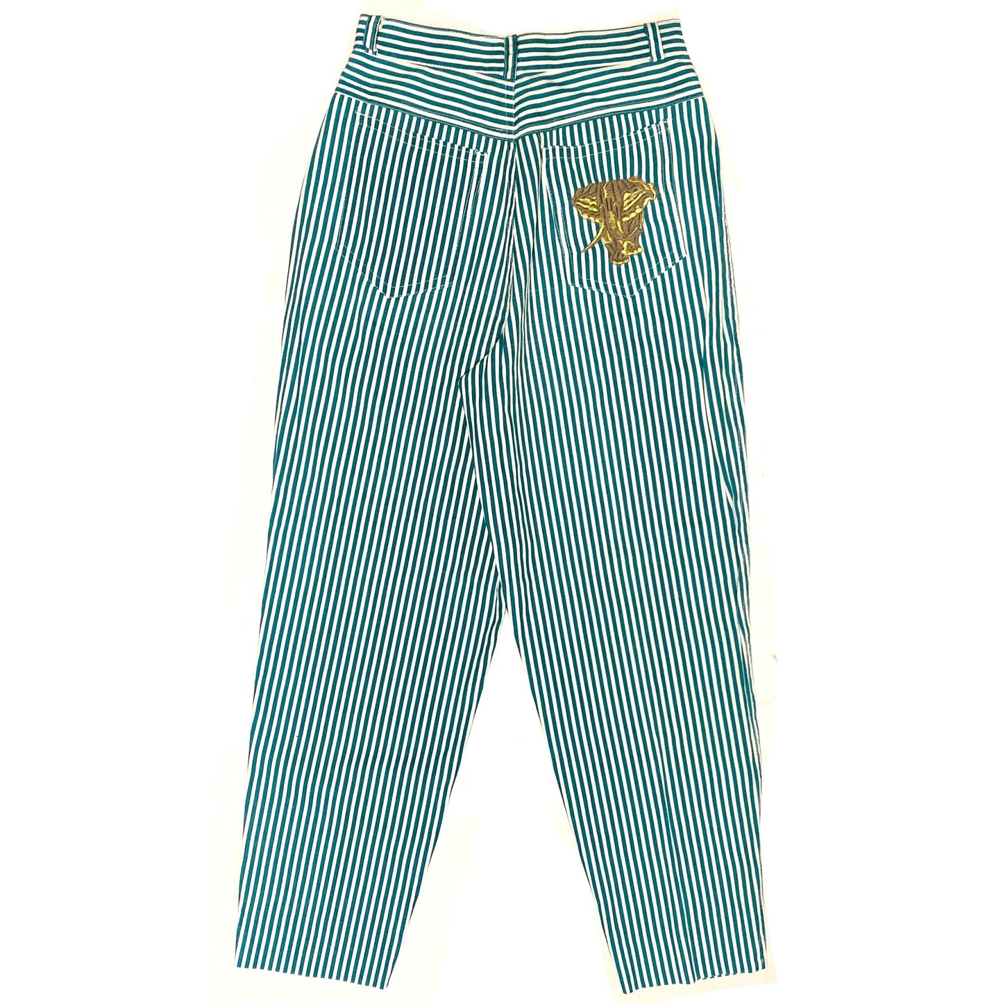 Mania preppy white/green striped trousers w elephant embroidered, sz 28/ 42 ita NOS 80s Italy