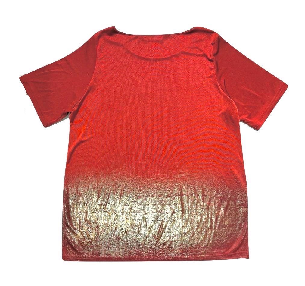 Krizia PerTe burgundy satin shirt w golden degradè croc print, NOS 80s mint sz L
