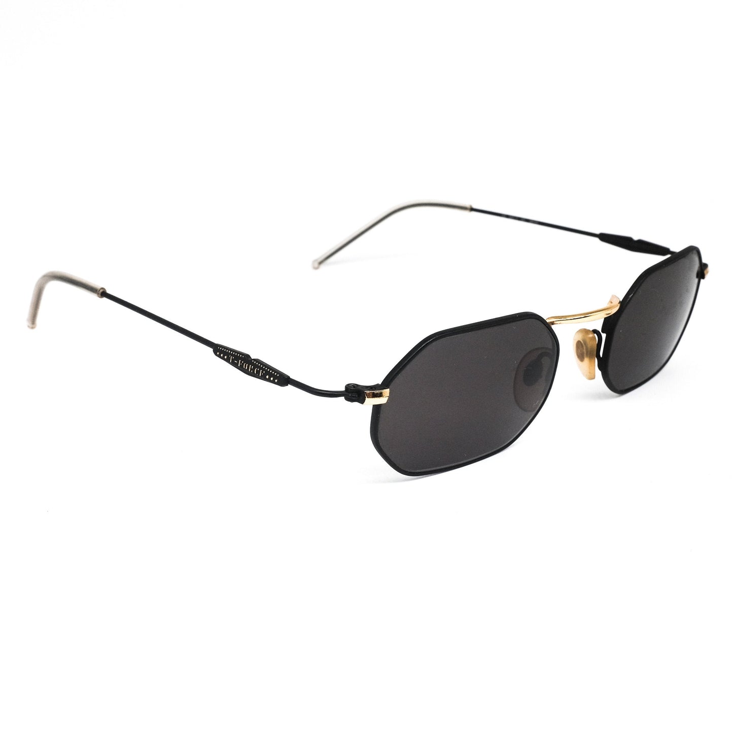 T force MIG 3 031 sunglasses with hexagonal black lenses in minimal design black metal frames with golden nose bridge NOS made in italy