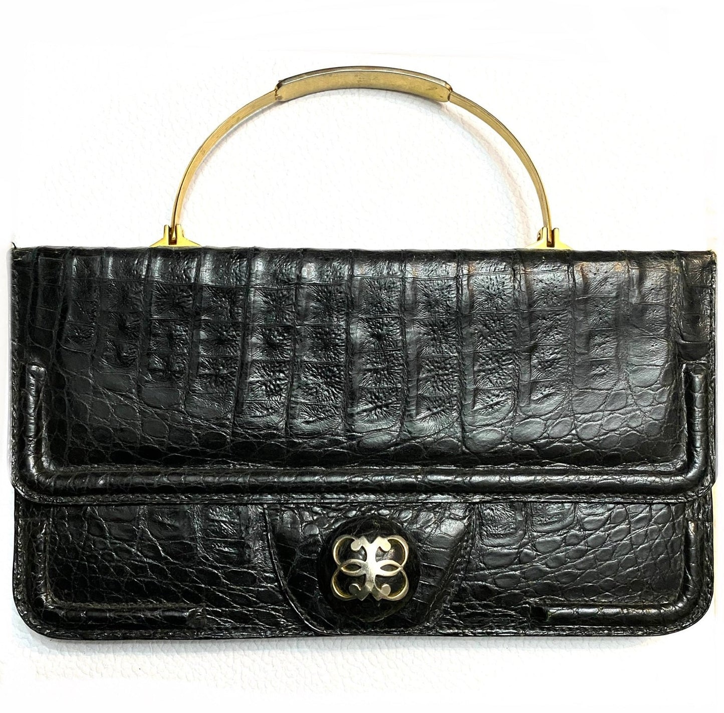 1970s black alligator clutch bag with brass / tortoise Bakelite handle, mint
