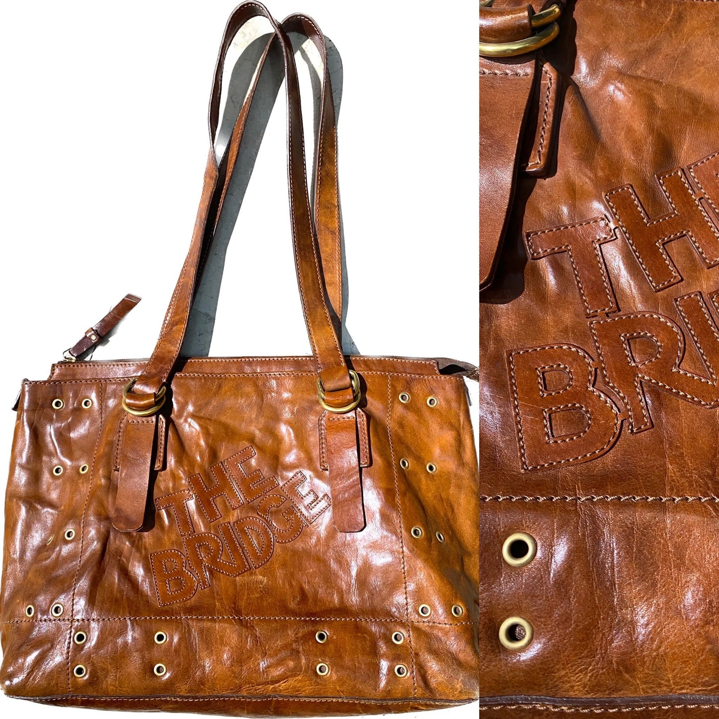The Bridge tan leather shoulder bag with golden eyelets/studs,  1980s Italy Mint