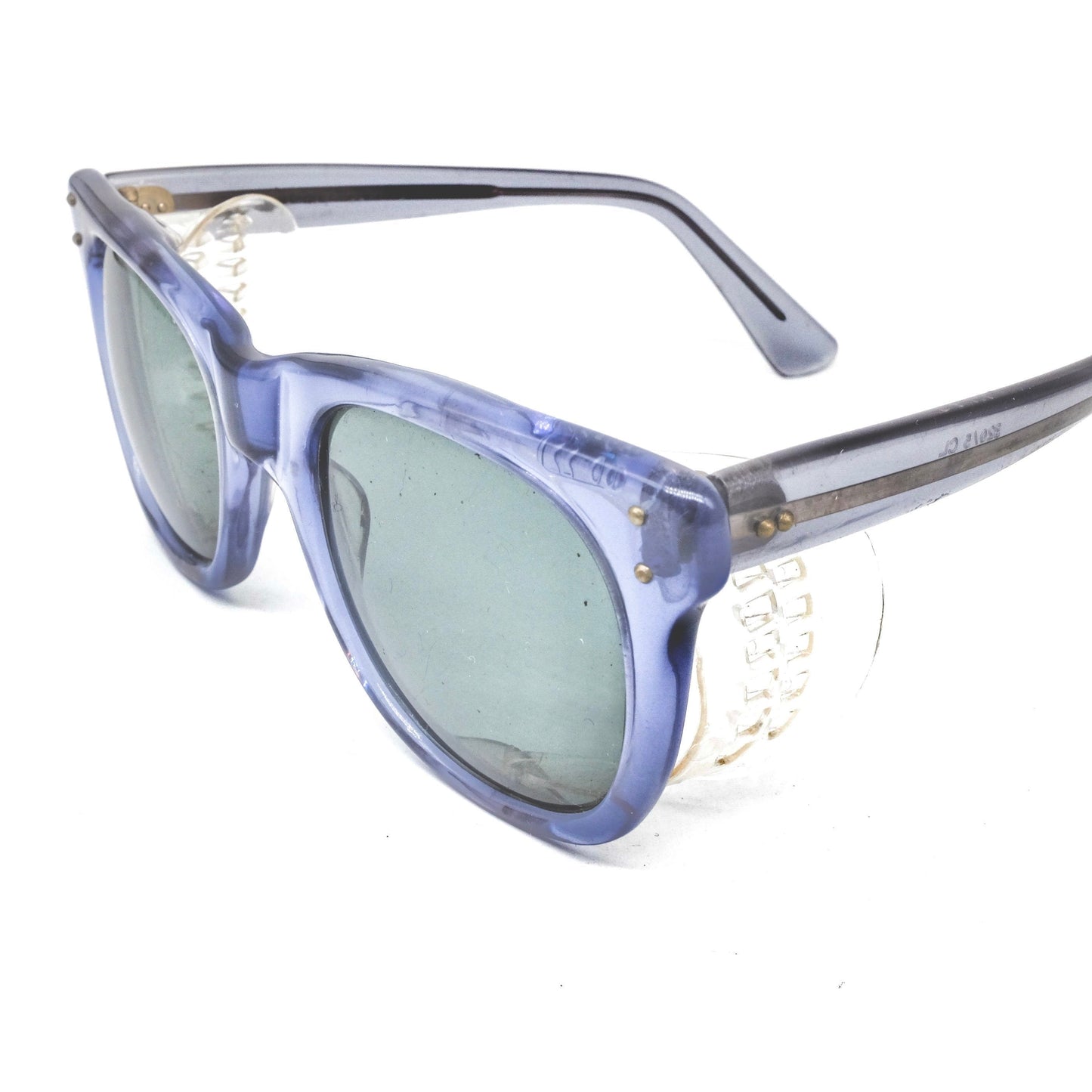 Occhiali da sole Wayfarer Baruffaldi in acetato traslucido con pannelli laterali trasparenti, new old stock anni '80 ITA