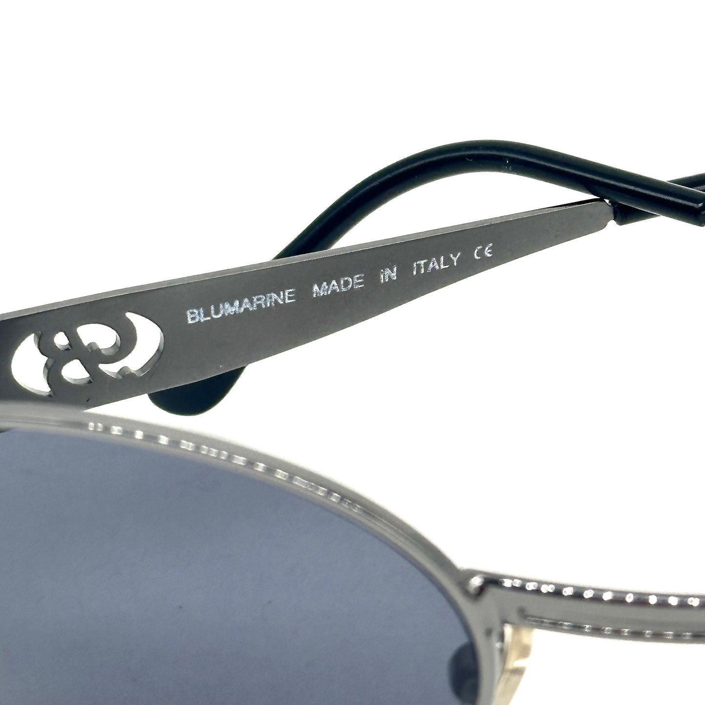 Bluemarine BM 623 oval gunmetal sunglasses w cutoff B logo, NOS 90s Italy