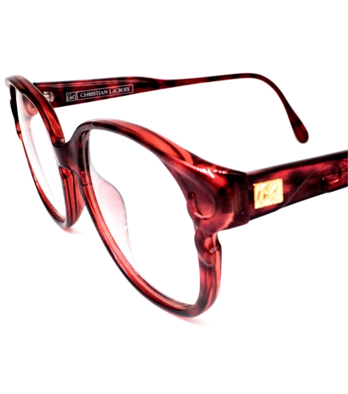 Christian Lacroix 7307 burgundy tortoise oversized eyeglasses frames w embossed deco details, NoS 80s France