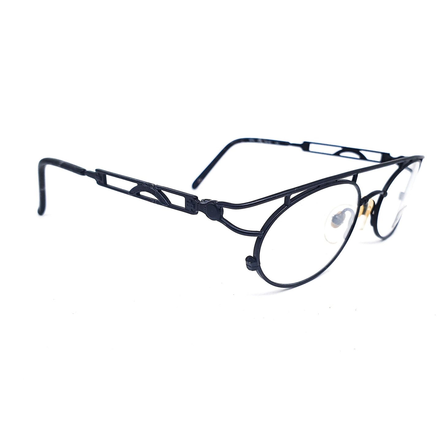 Moxxi Mato by Visibilia vintage black steampunk oval metallic eyeglasses frames with special flat browline NOS 1970s