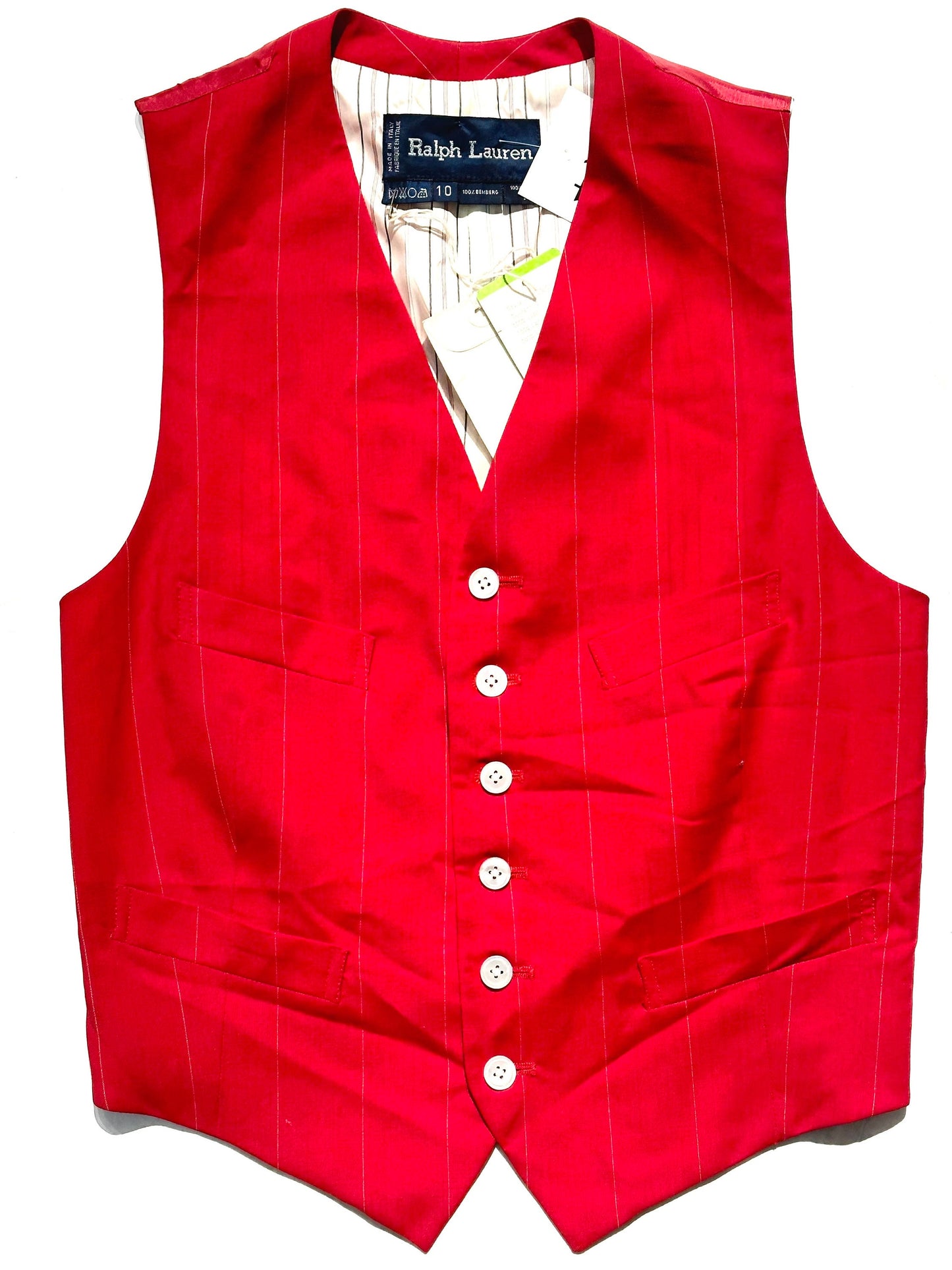 Ralph Lauren classy red pinstripe wool vest with satin lining, NOS 80s w tags sz 10