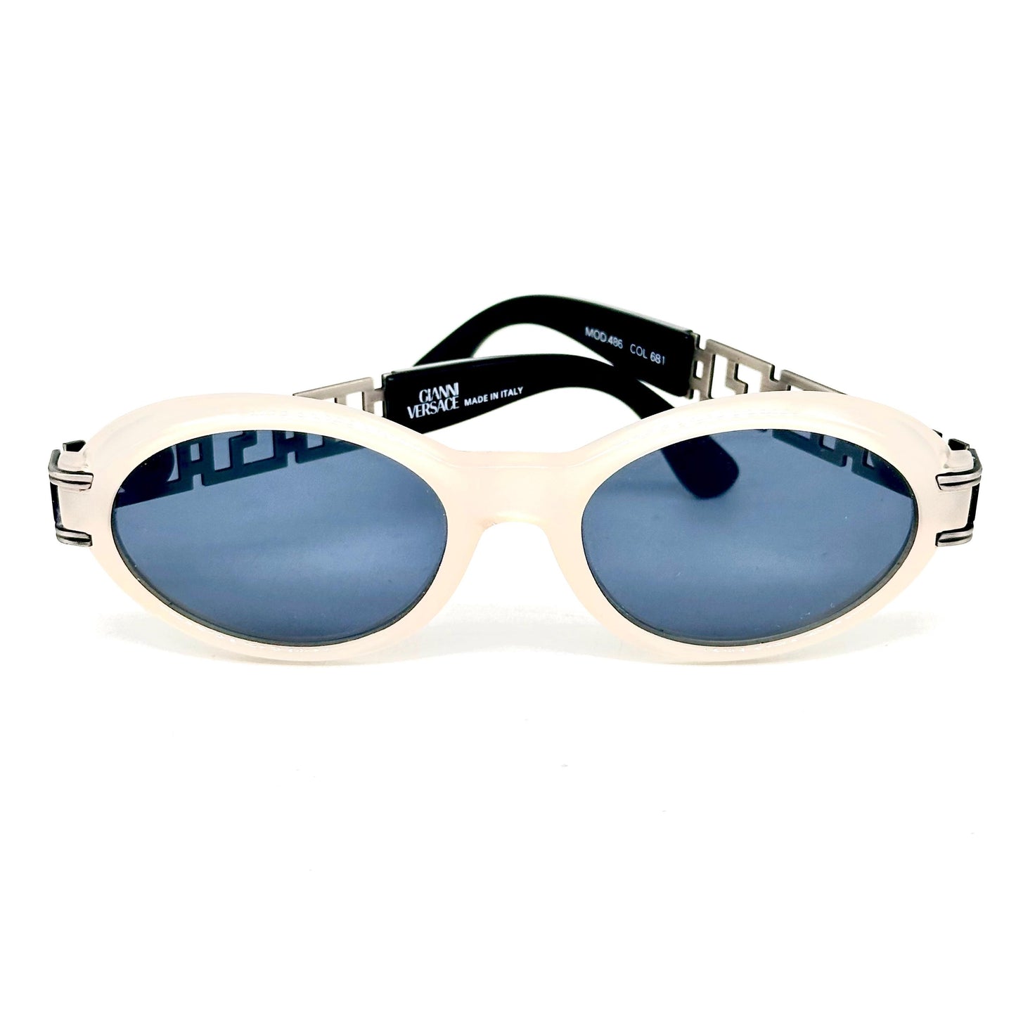 Gianni Versace 486 vintage matt white oval sunglasses made in Italy with Medusa logo detail in greek key on the silver temples NoS 90s