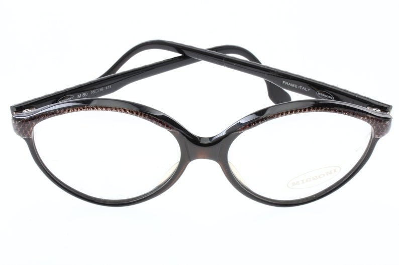 Missoni M80 black cateye eyeglasses frames w real knitted fabric inserts, Nos 80s Italy
