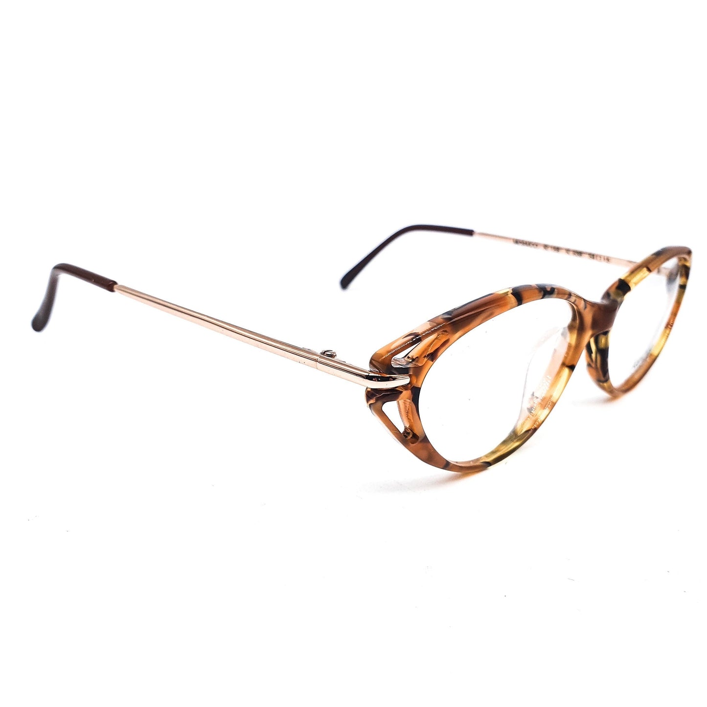 Kenzo k156 mosaico vintage classic cateye style semi amber acetate eyeglasses frames with cut off end part design, 80s France