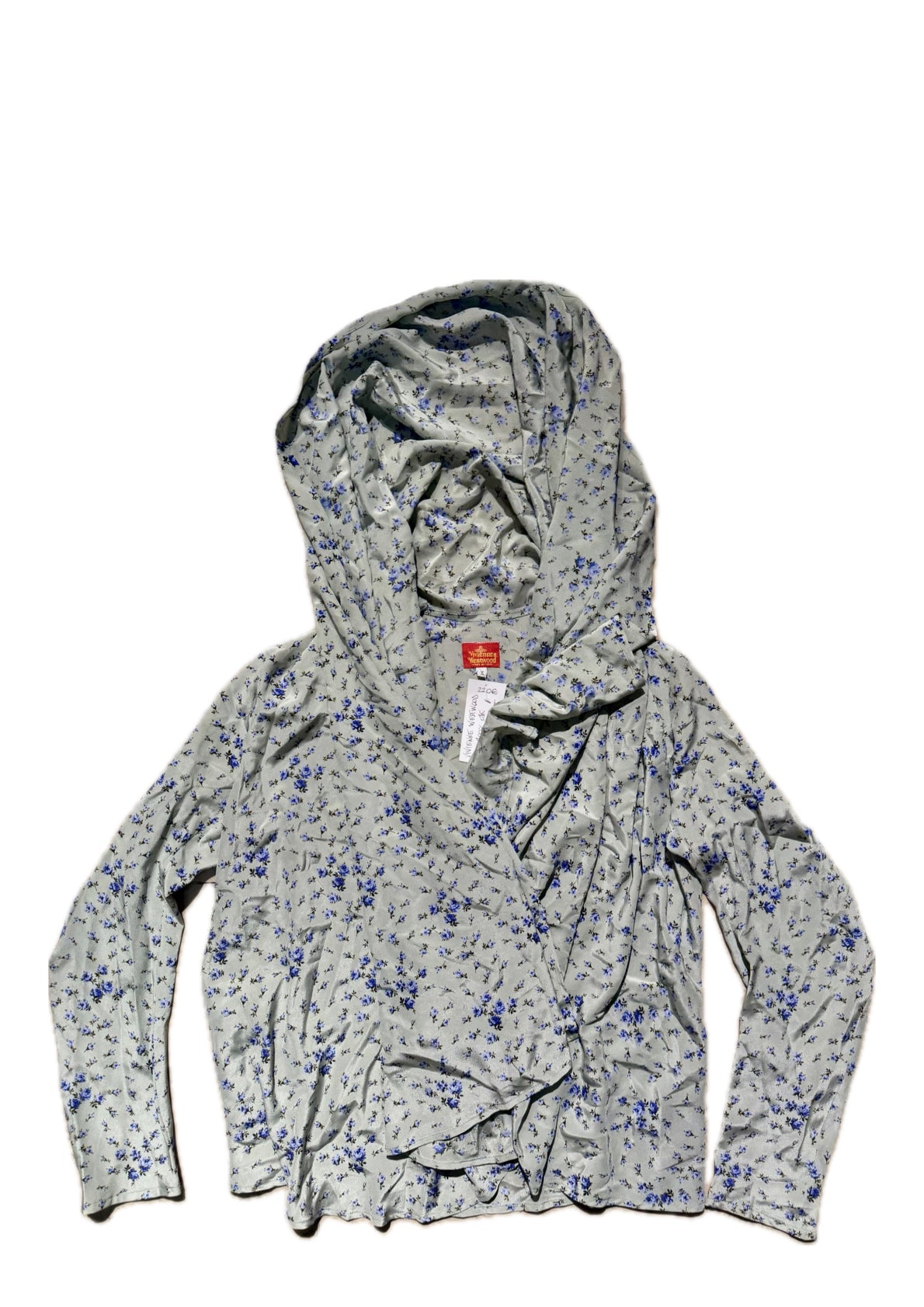 Vivienne Westwood 100% silk ladies floral blouse w-hood-able wide collar, sz II (M)
