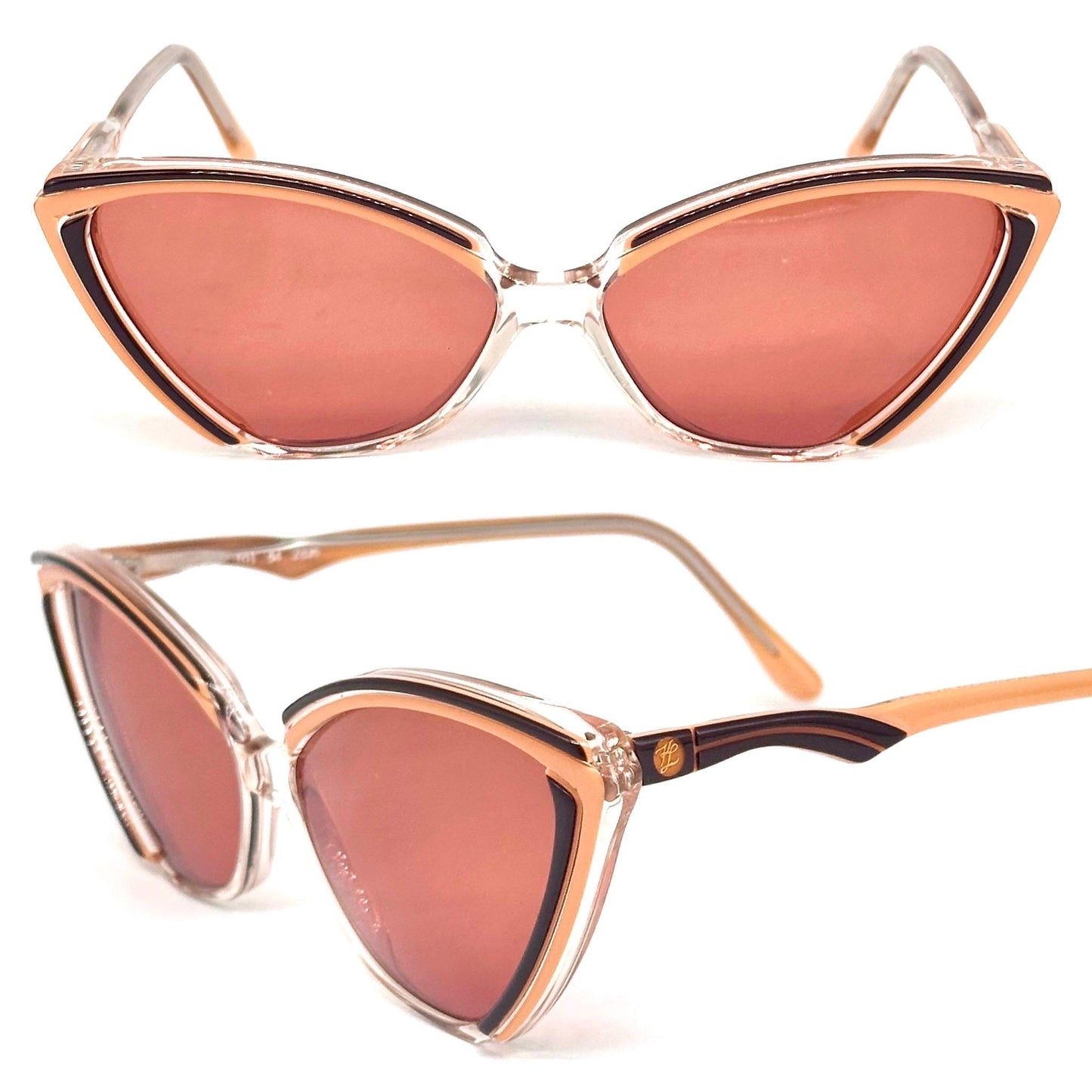 Karl Lagerfeld 103 54 2836 clear cateye sunglasses with salmon orange and brown stripes, orange lenses, 1980, NOS