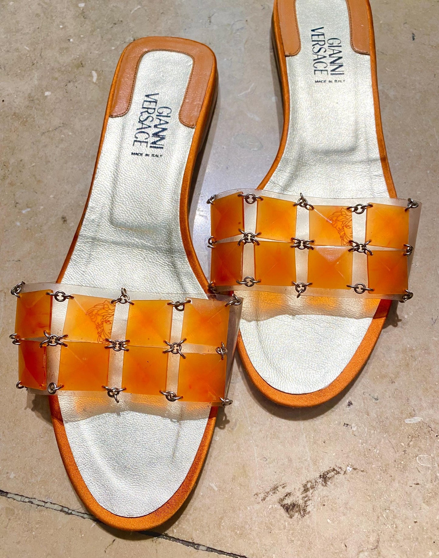 Gianni Versace slippers leather - PVC w beaded strap, almost new sz 38,5