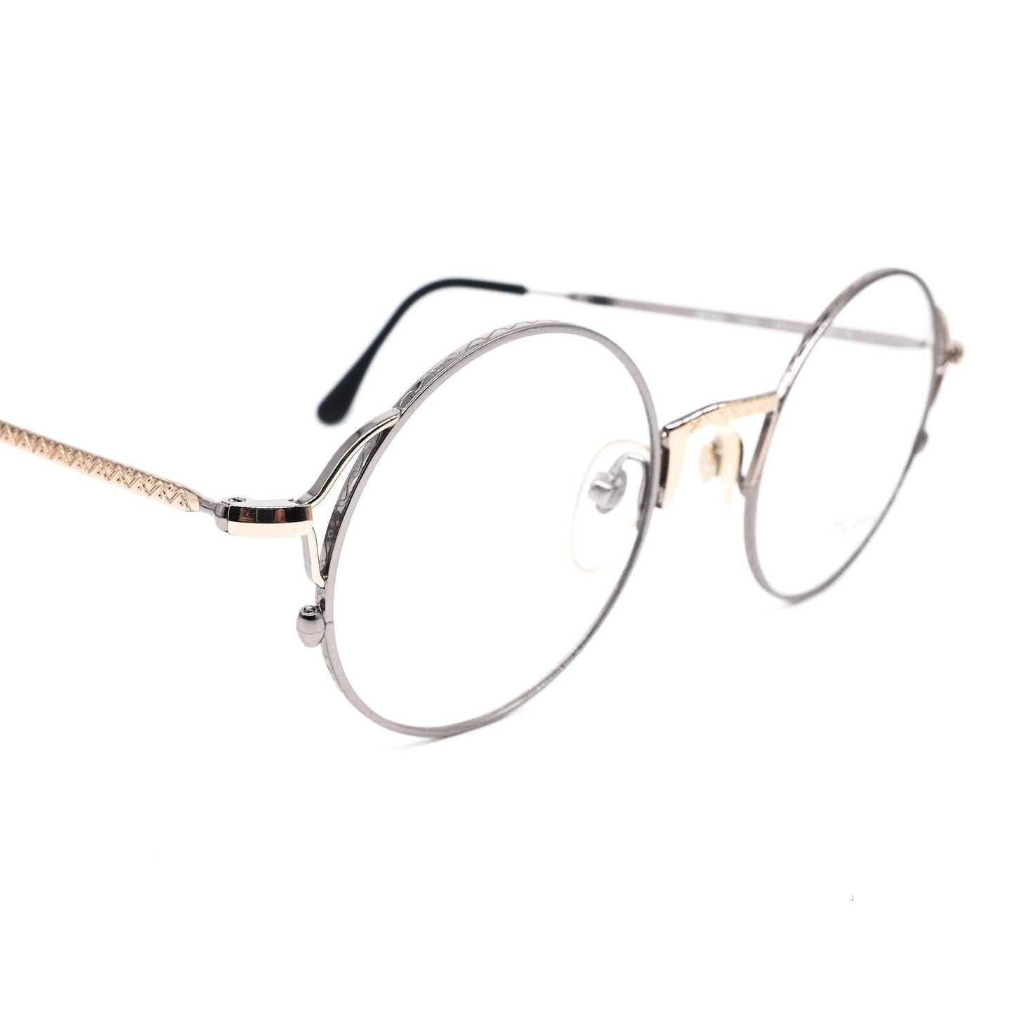 Byblos b506 vintage large metallic round steampunk eyeglasses frames in silver metal with cut off hinges and golden bridges, NOS 80s Italy