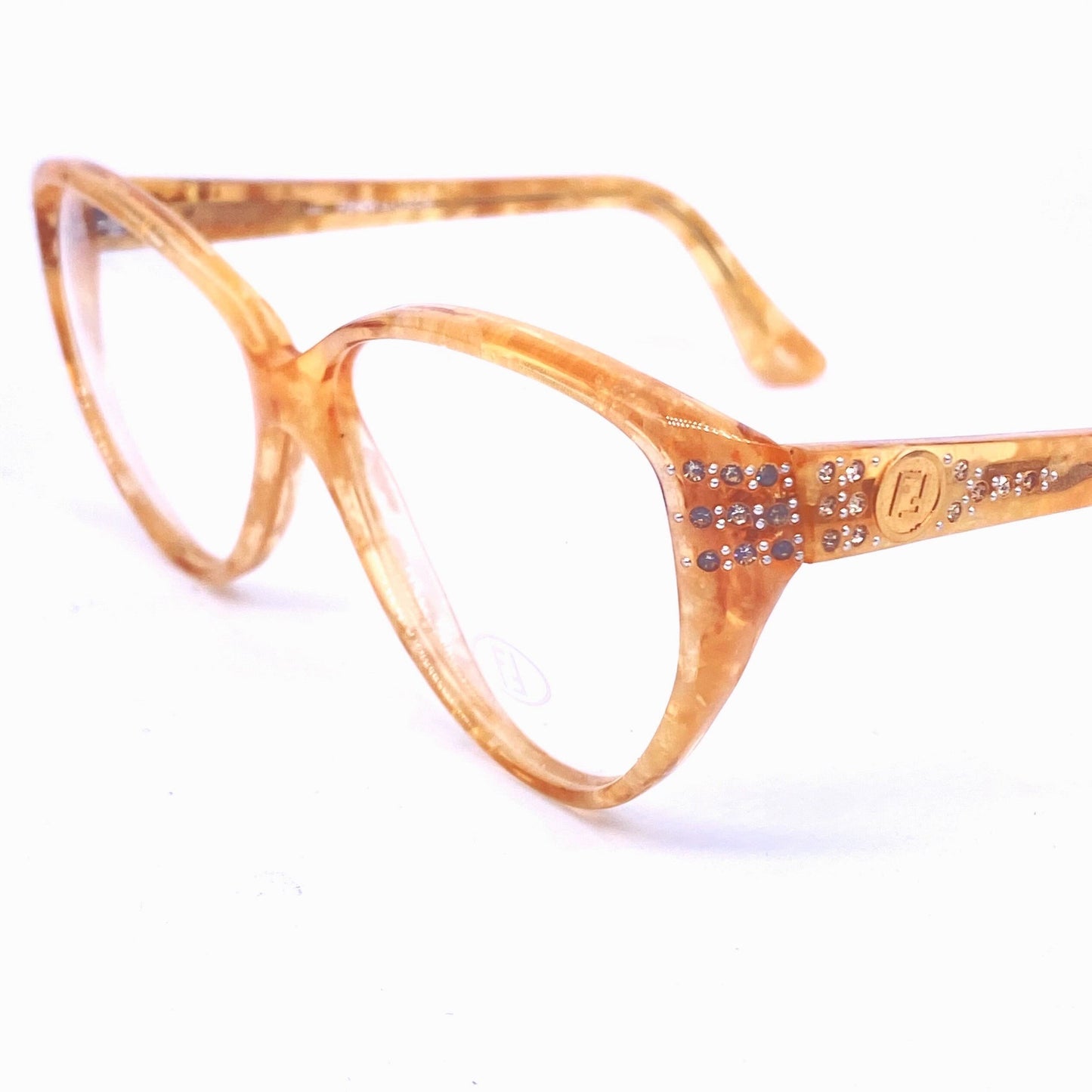 Fendi light amber marbled cateye eyeglasses frames with rhinestones and F logo, NOS 80s Italy