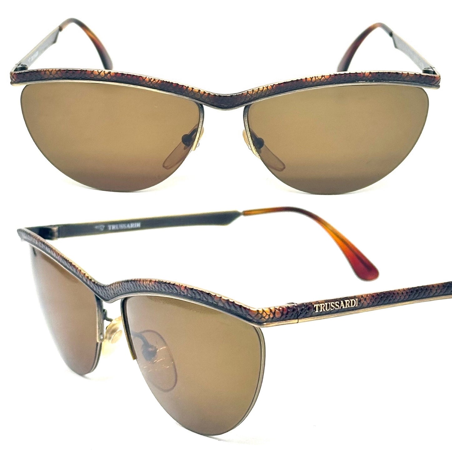 Trussardi TS013 classy metal cateye sunglasses w brown alligator texture and tortoise print, NOS 80s Italy