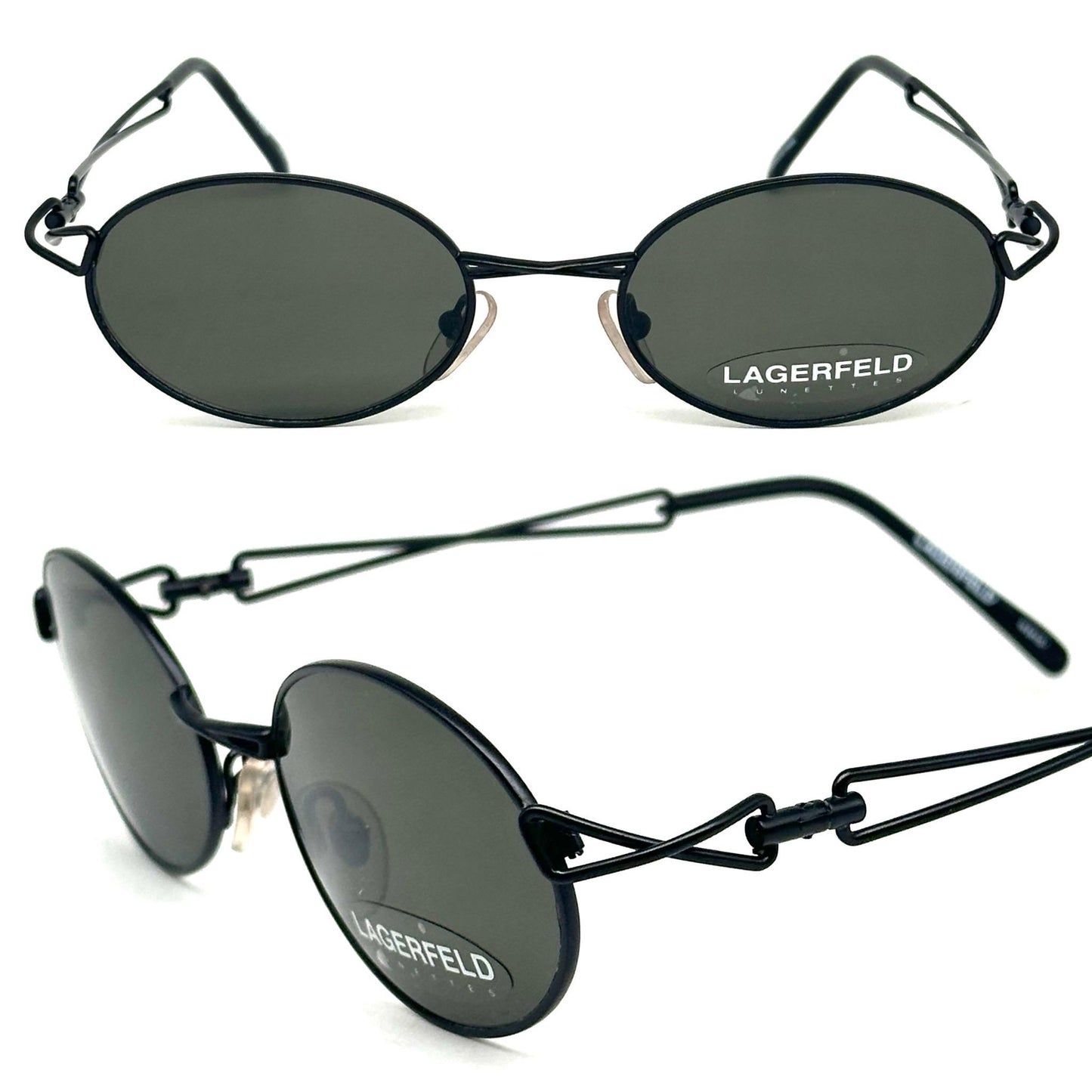 Karl Lagerfeld 4124 01 black oval steampunk sunglasses intertwined temples 1990s, NOS