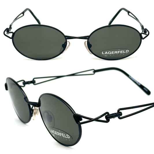 Karl Lagerfeld 4124 01 black oval steampunk sunglasses intertwined temples 1990s, NOS