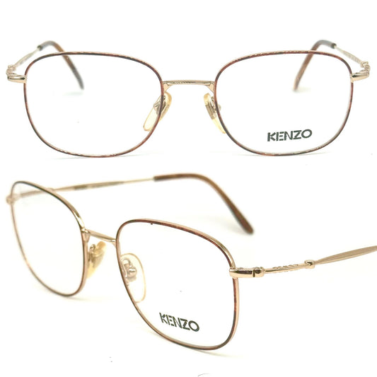 Kenzo Editeur square gold frames w tortoise enameled rims, cool geek style , NOS 80s France