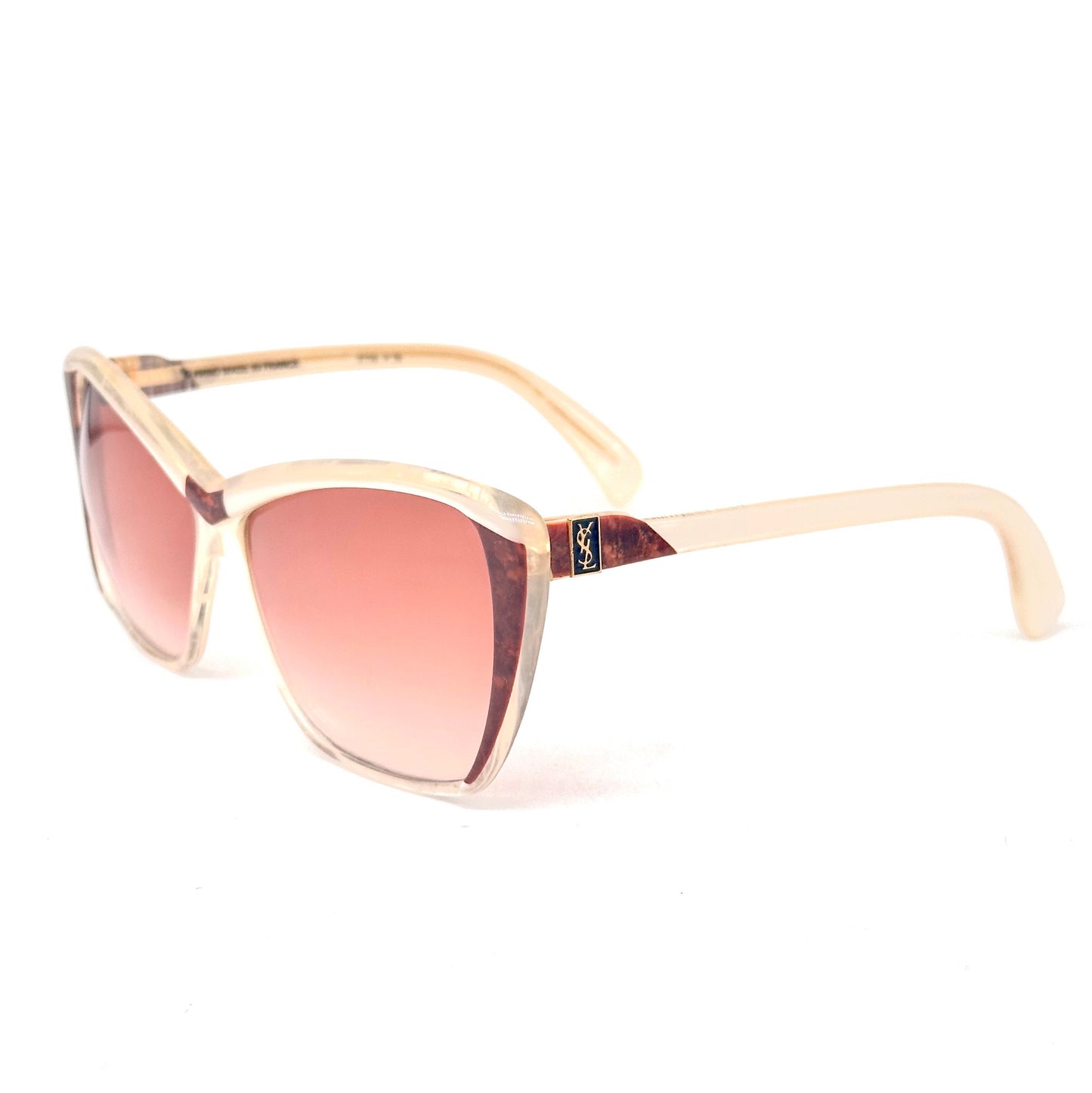 YSL Saint Laurent 8706 sunglasses made in France, marbled pearl & textured brown oversized style, 80s NOS