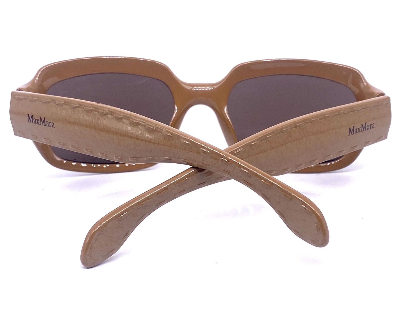 MaxMara fancy beige thick square Optyl sunglasses, temples w embossed stitches detail 90s NOS