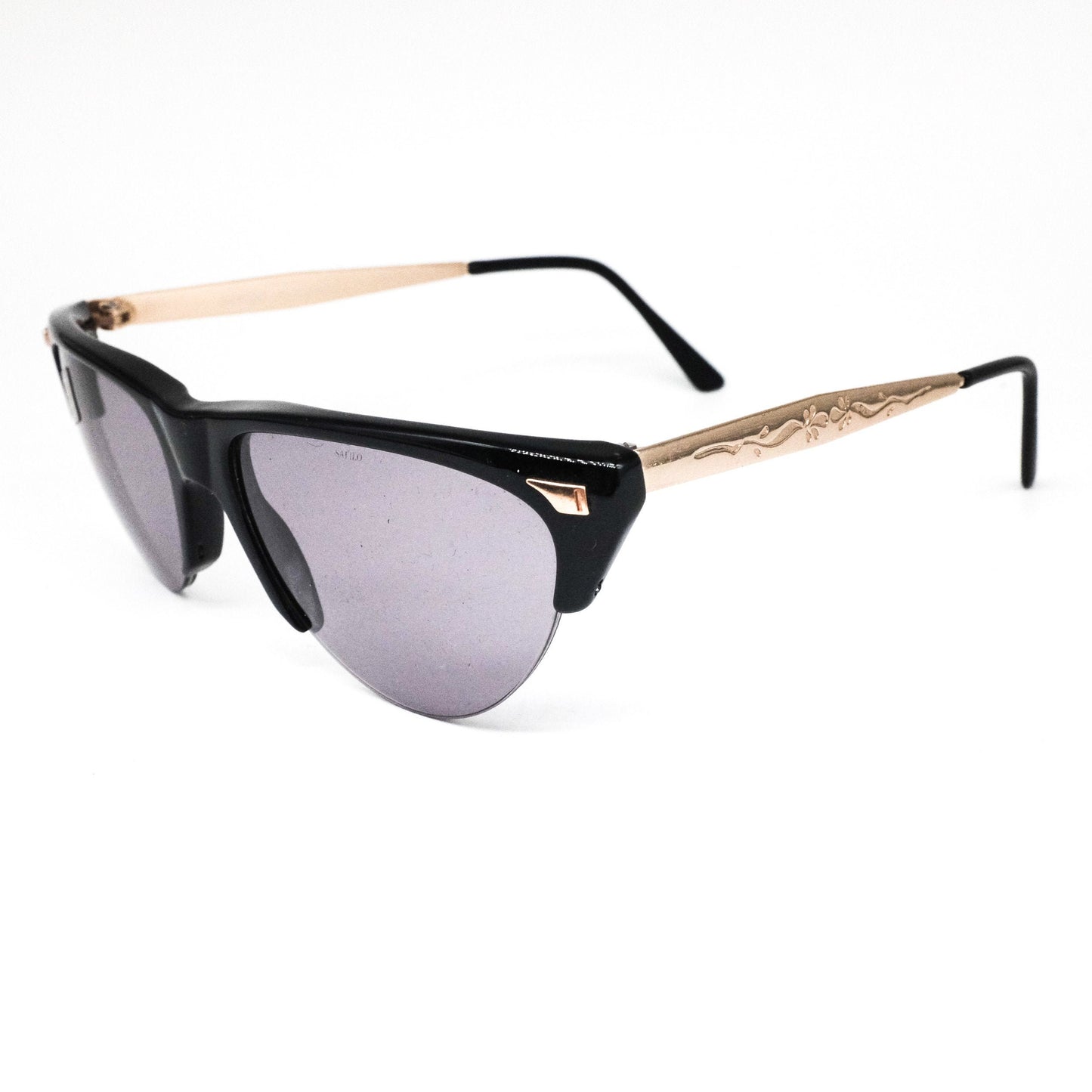 Safilo 1950s style black cateye sunglasses with golden carved temples, NOS 70s  Made in Italy