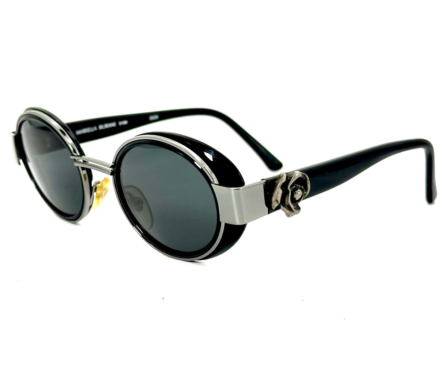 M.Burani 5100 rare black-sober round side shields sunglasses w metal rose detail, NOS 80s Italy