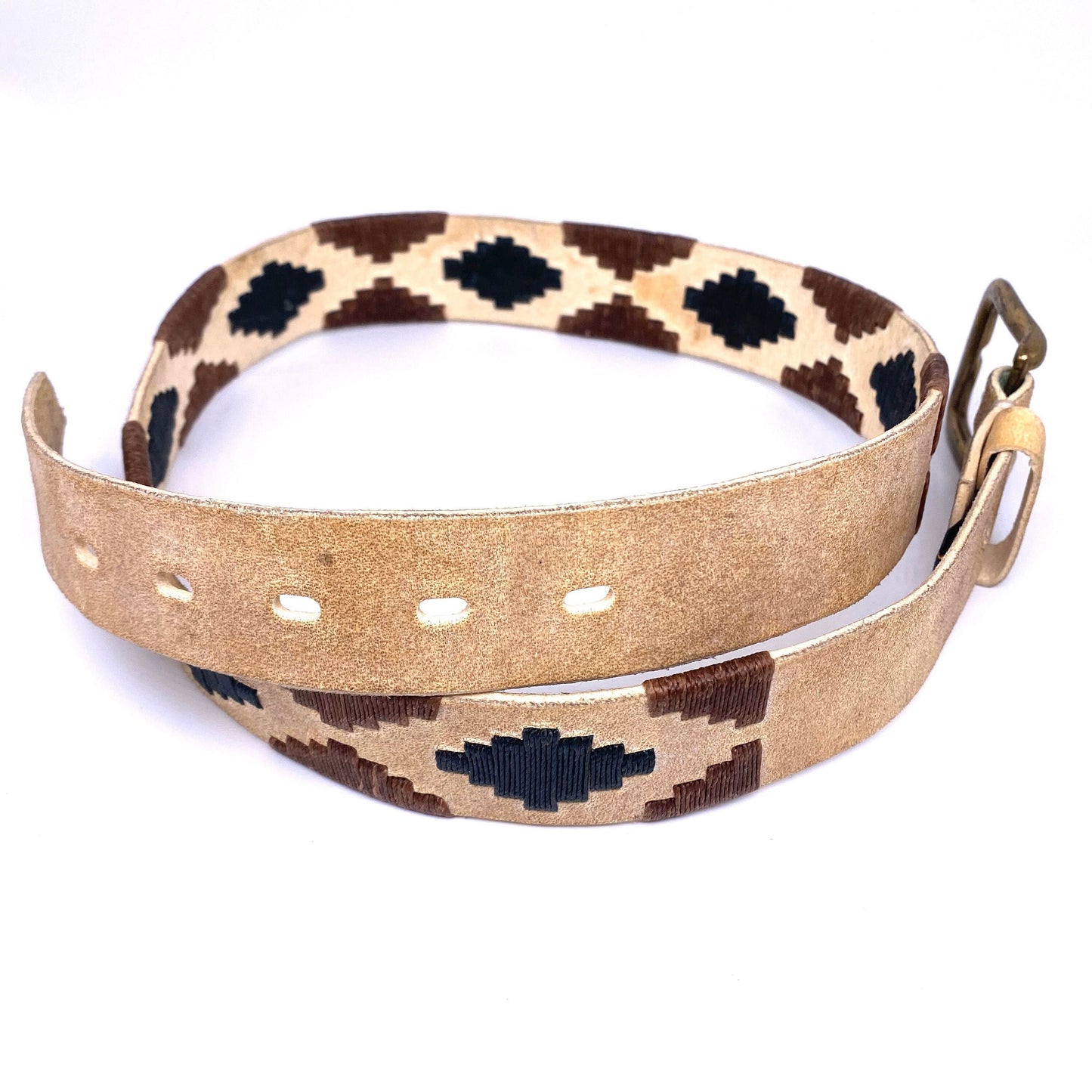 1990s Navajo beige cured leather belt with black/brown string embroidery allover sz 85
