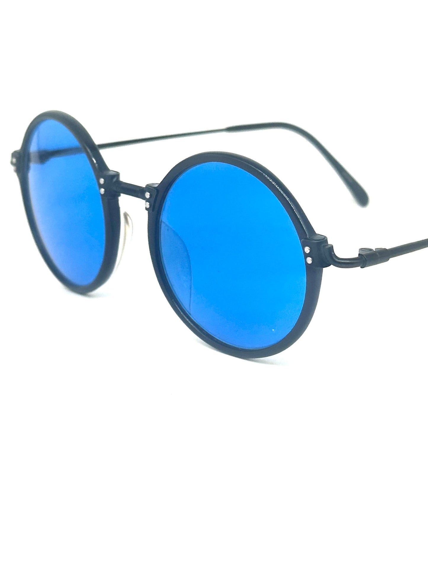 Jean Paul Gaultier 55-7261 black steampunk round sunglasses with blue lenses, NOS 80s Japan