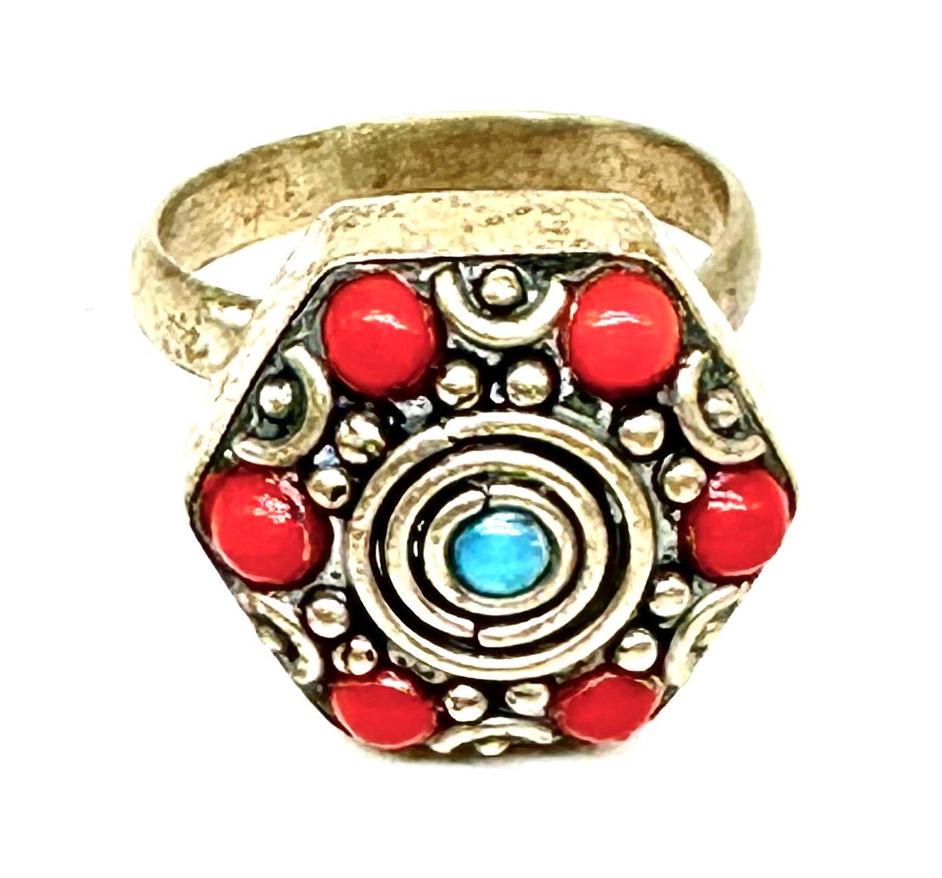 Tibetan ethnic rings w blue/red/turquoise beads/stones, adjustable