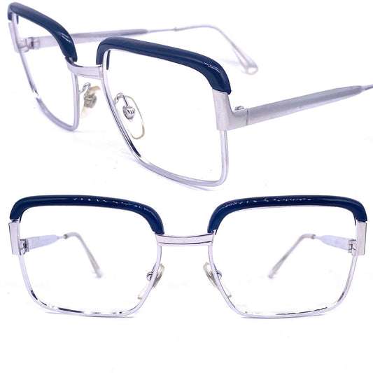 MetalVista Nobel 60s geek square silver frames with black rolled brows, NOS made in Italy