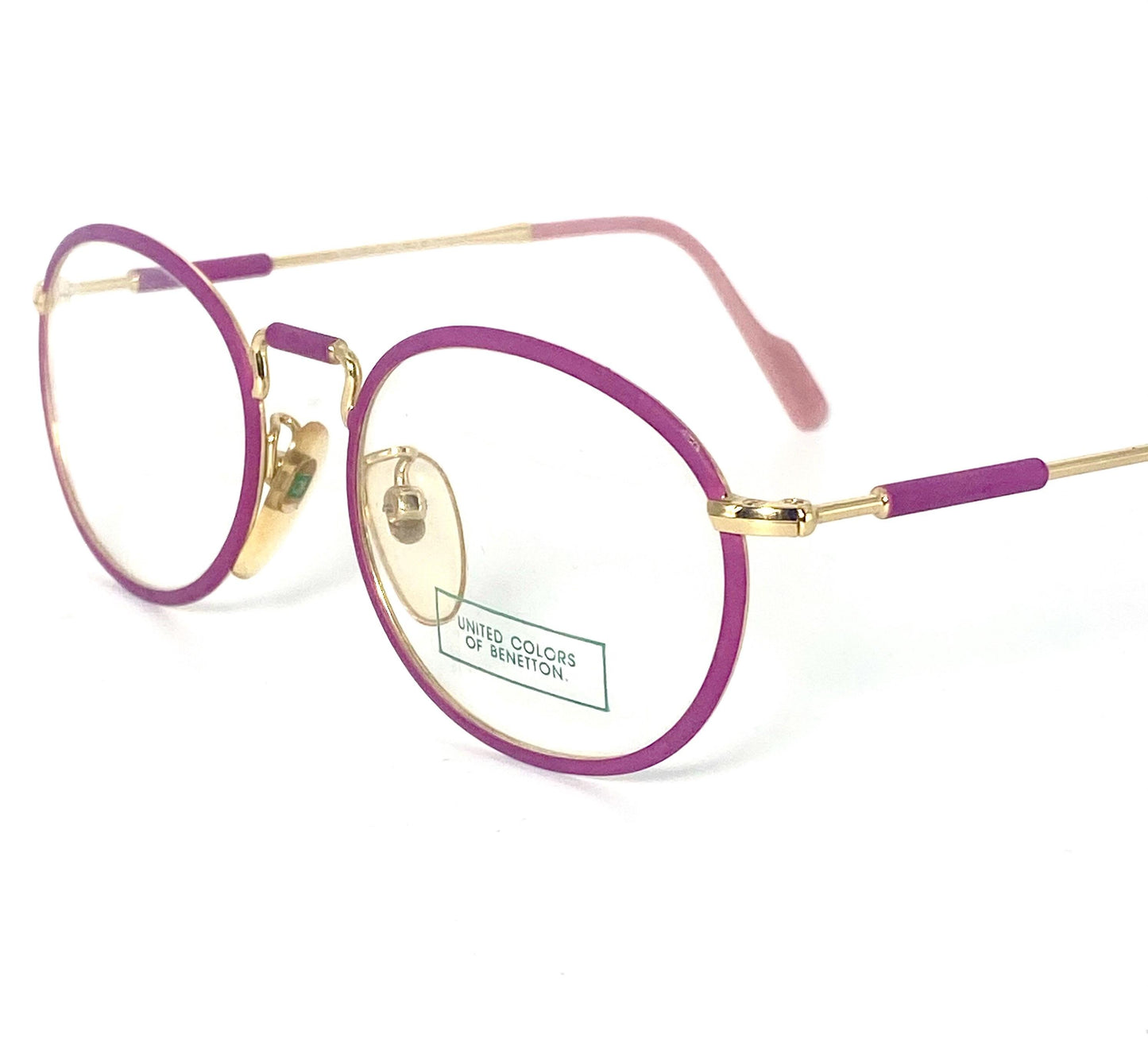 United Colors Benetton oval gold- Fucsia enamel metal eyeglasses frames, cool steampunk vibe, 80s NOS Italy