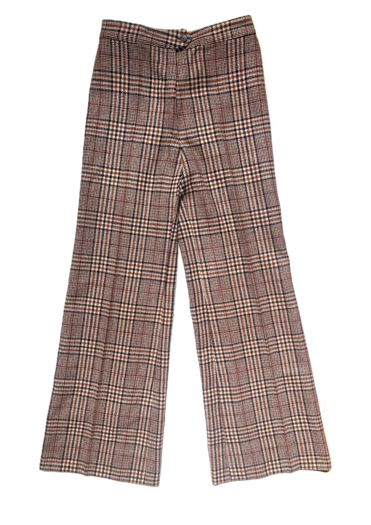 Tailor made flared trousers in warmest tartan wool in beige-blue-burgundy tones, mint!