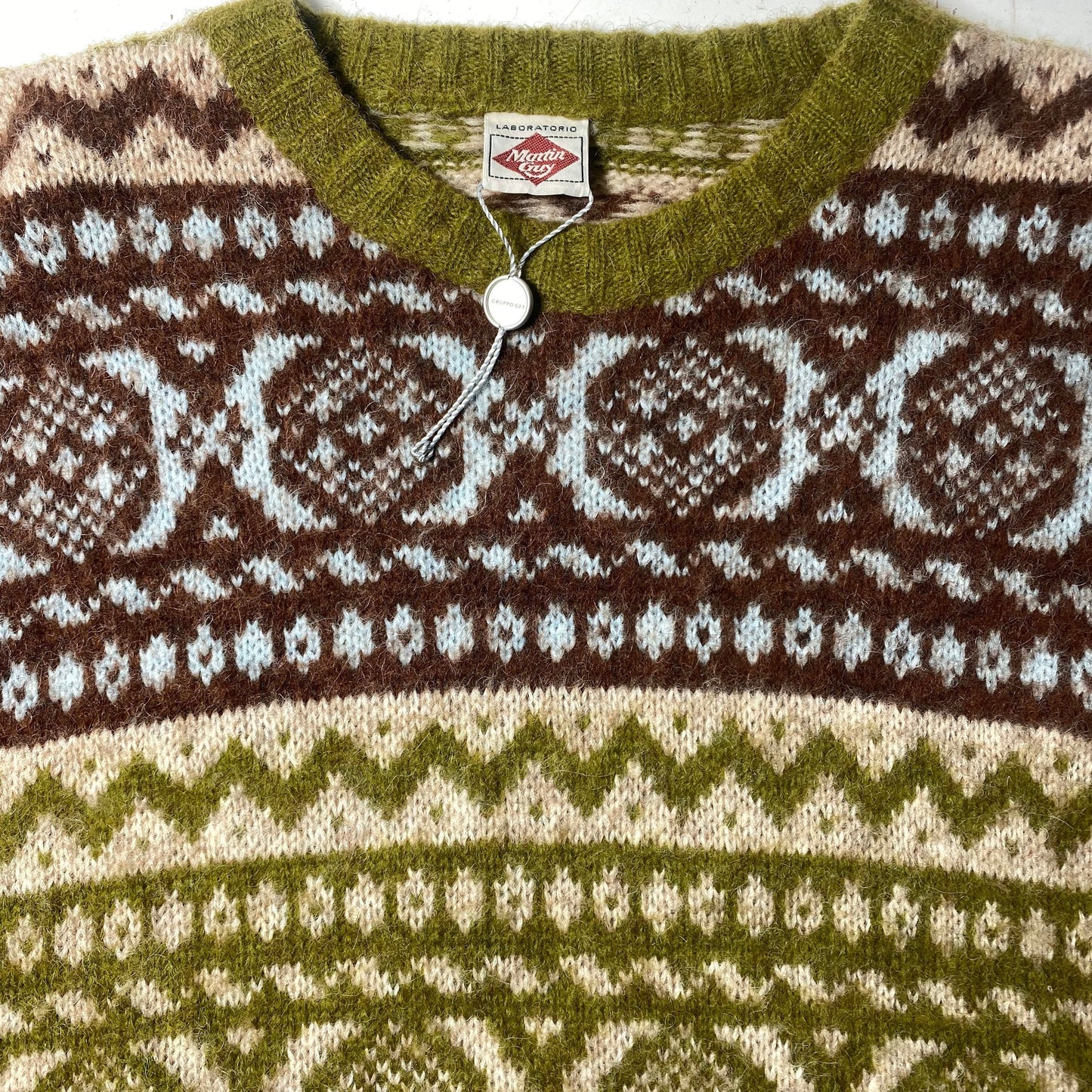 Martin Guy 80s softest wool/alpaca blend winter knitted jumper, green brown and turquoise geometrical allover, NOS 80s Italy