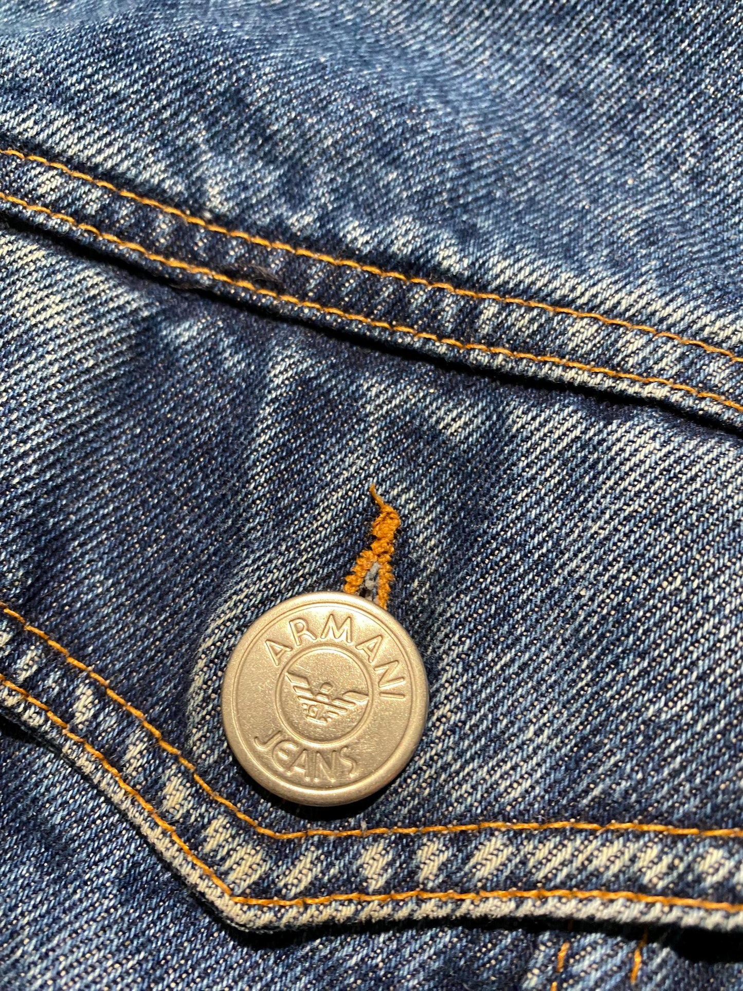 Armani Jeans classic indigo denim trucker w big embossed logo buttons, sz L, looks as new