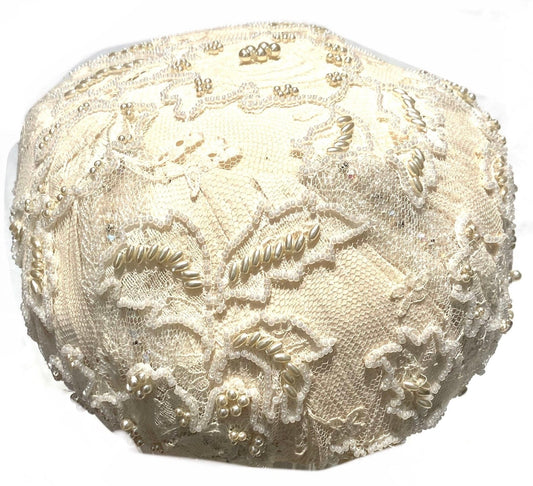 Ivory silk & tulle pillbox hat fully embroidered w floral motif of pearls of various shapes, NOS 80s Italy