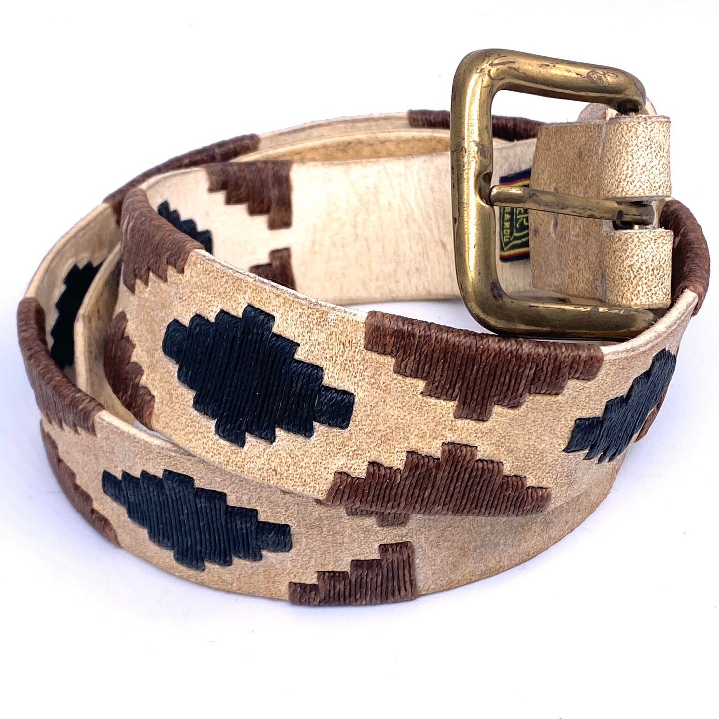 1990s Navajo beige cured leather belt with black/brown string embroidery allover sz 85