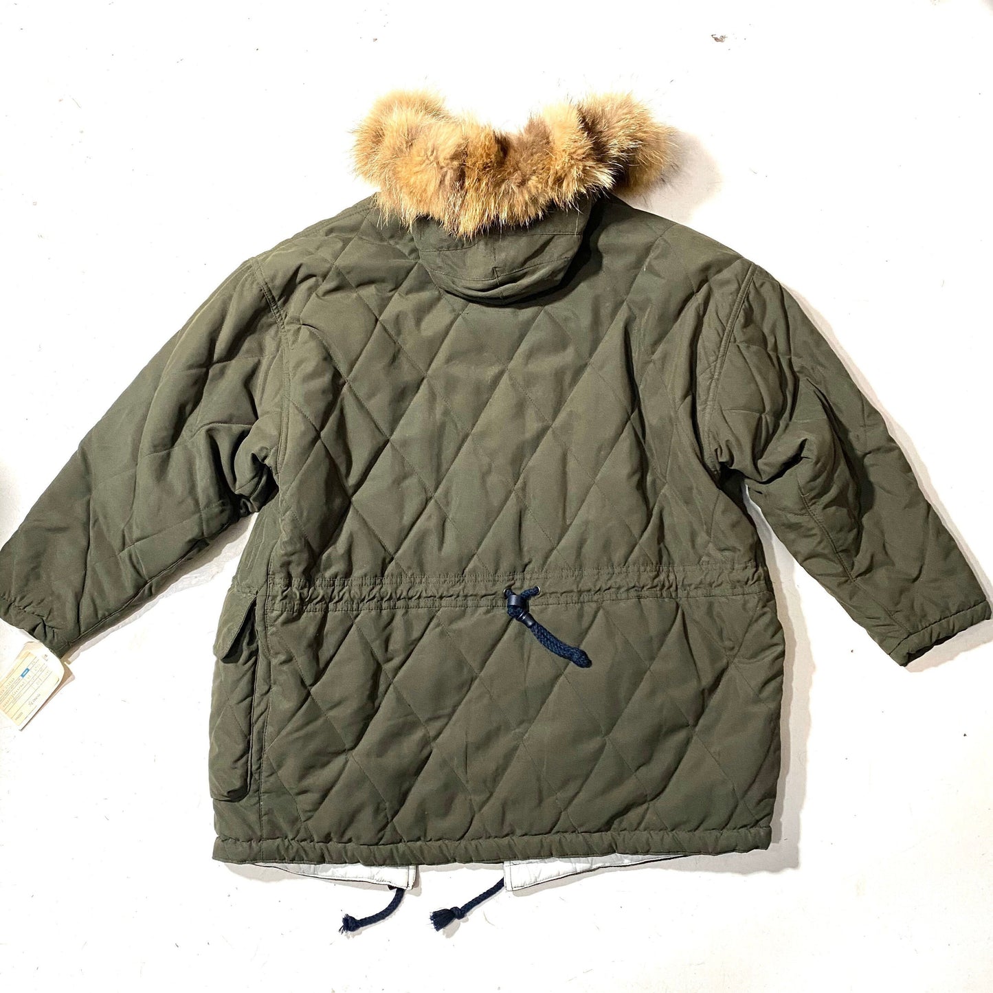 Outrage military green matelassè-quilted parka coat w fur hoodie, 1980s NOS with tags, mint