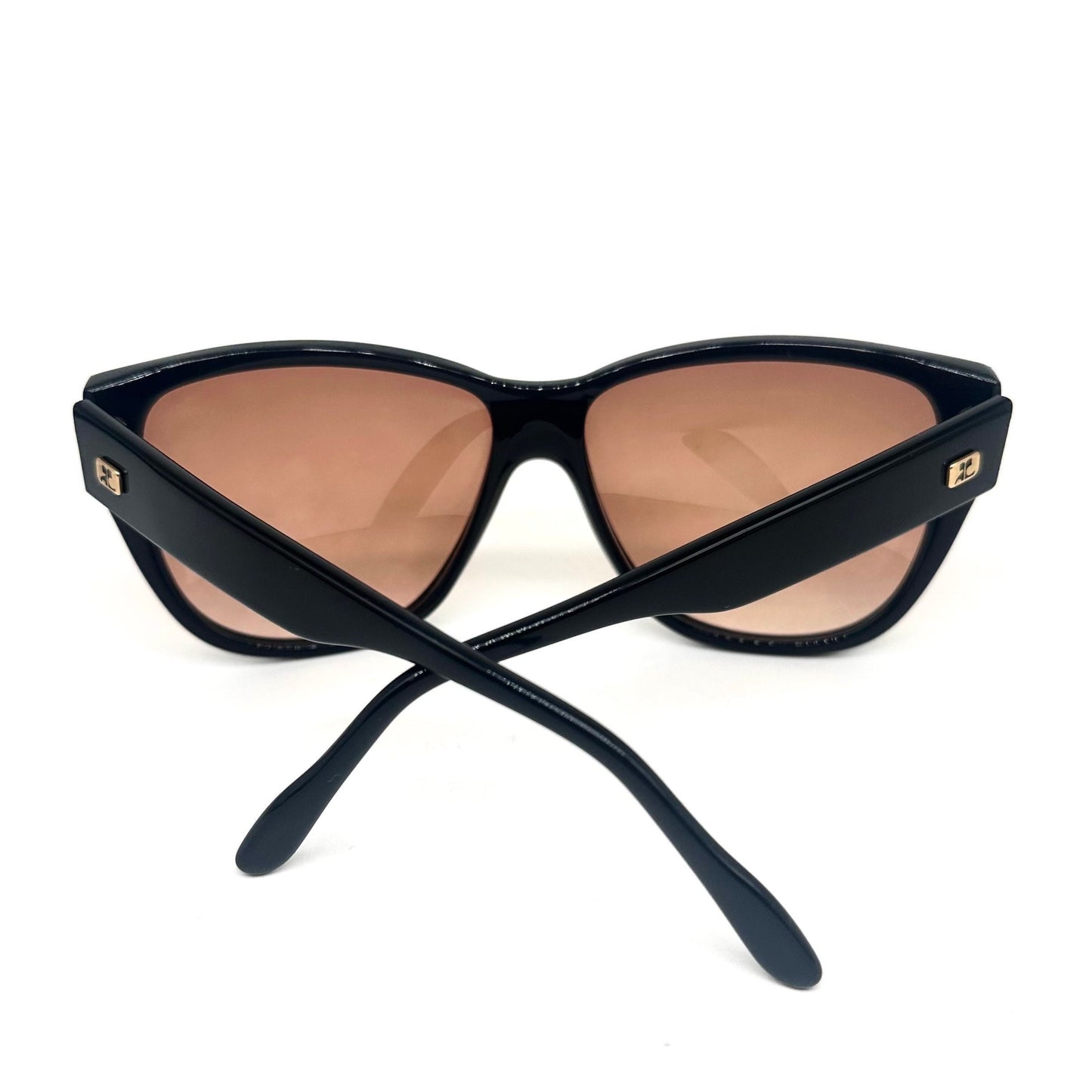 Courreges 8712 black oversized sunglasses w gold logo and Swarovski adornement, hand made in France