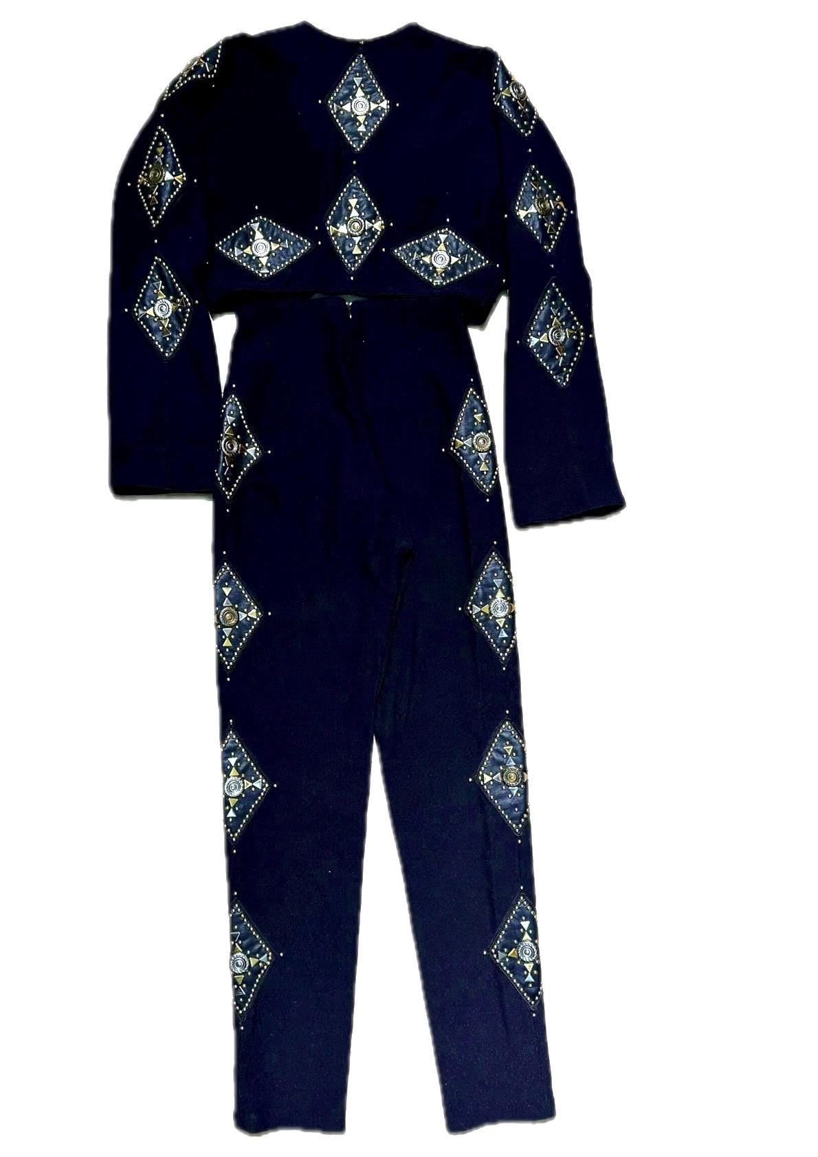 80s Paris couture set bolero and trousers in cotton/elast fully adorned w leather patches, studs & conchos, sz S/ 1