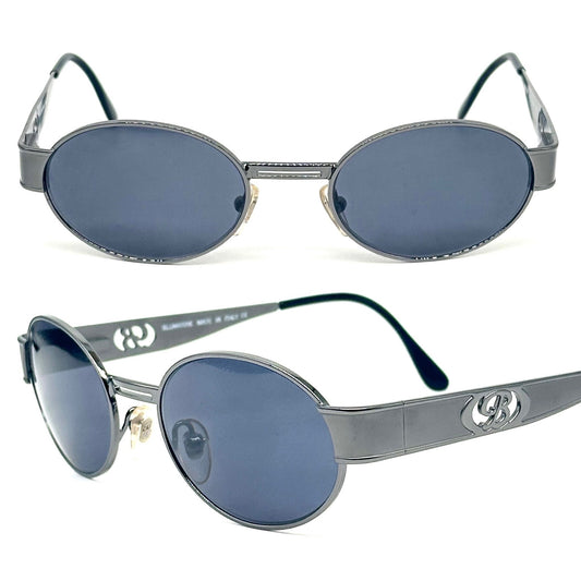 Bluemarine BM 623 oval gunmetal sunglasses w cutoff B logo, NOS 90s Italy