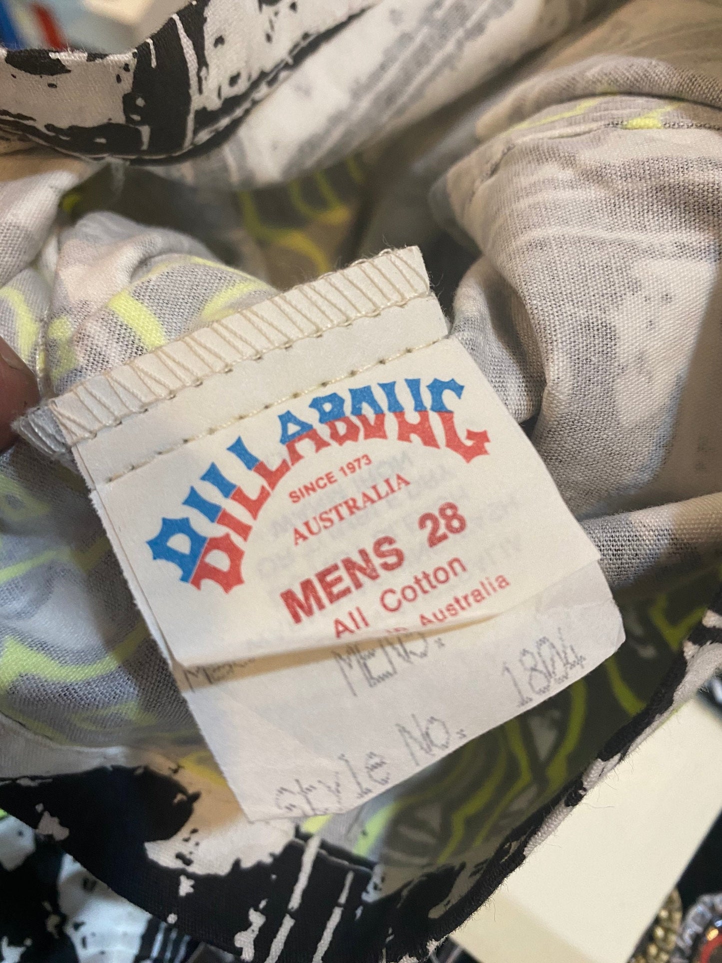 Billabong 90s beach swim shorts, cool black / white / neon print, NOS new and unworn.