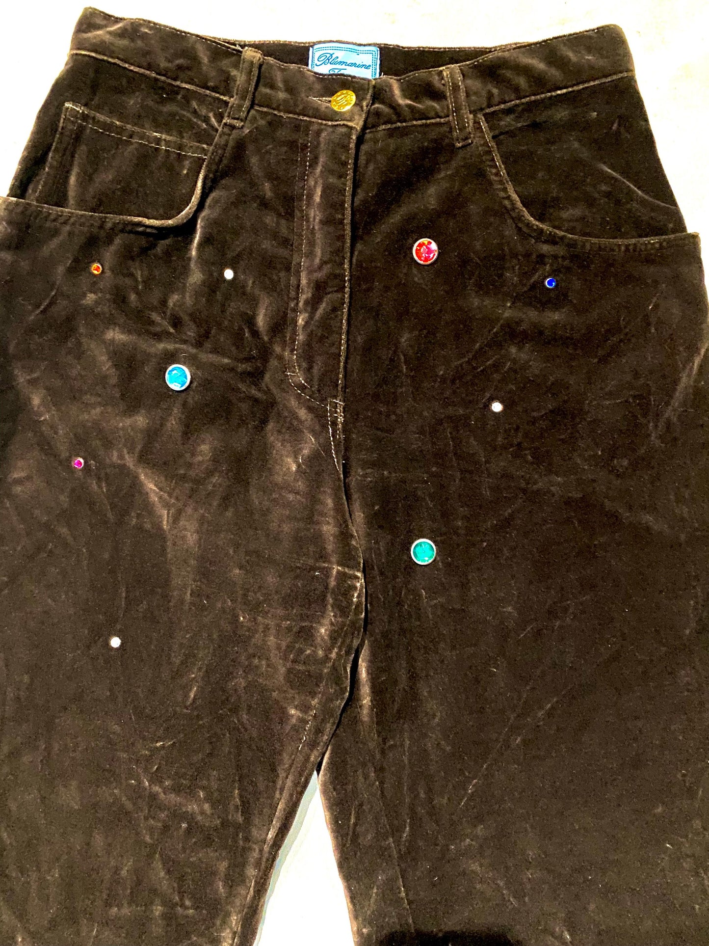 Blumarine Folies brown velour trouses w randomised colorful crystals, nos sz 46