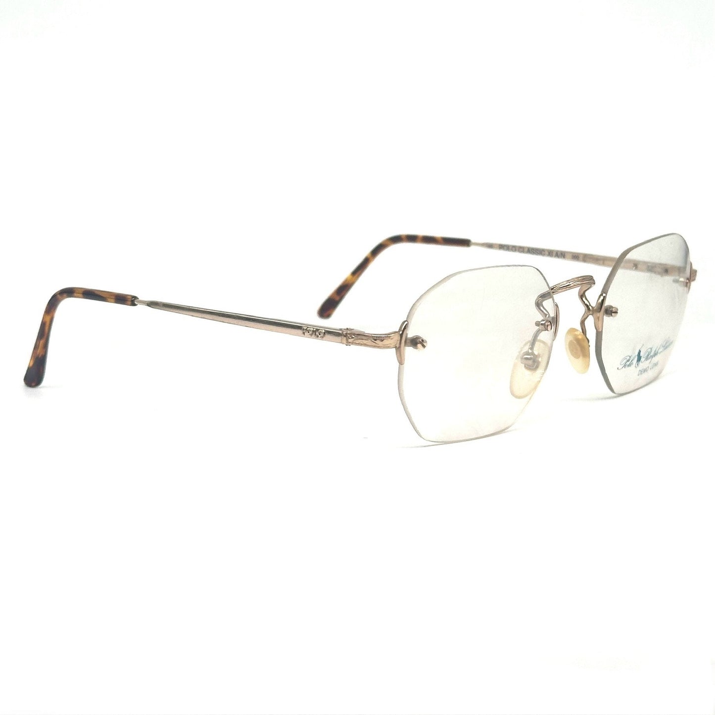 Ralph Lauren polo classic XL retro deco style rectangular rimless golden metal eyeglasses frames, 80s NOS Italy