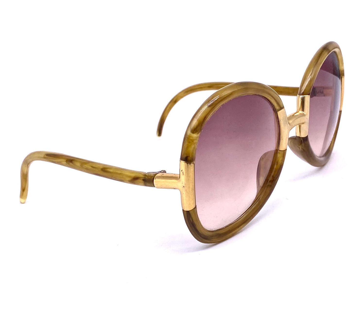 Ted Lapidus Paris amber/gold round oversized sunglasses hand made in France, 70s NOS
